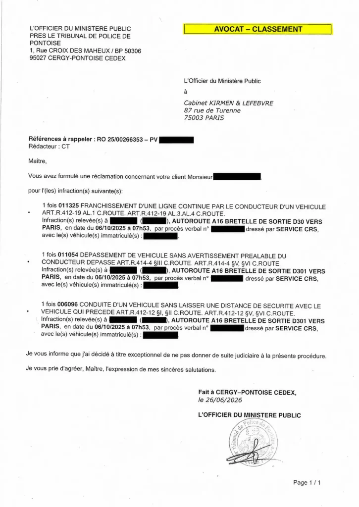Classement sans suite obtenu par le Cabinet Kirmen & Lefebvre, avocats en droit routier