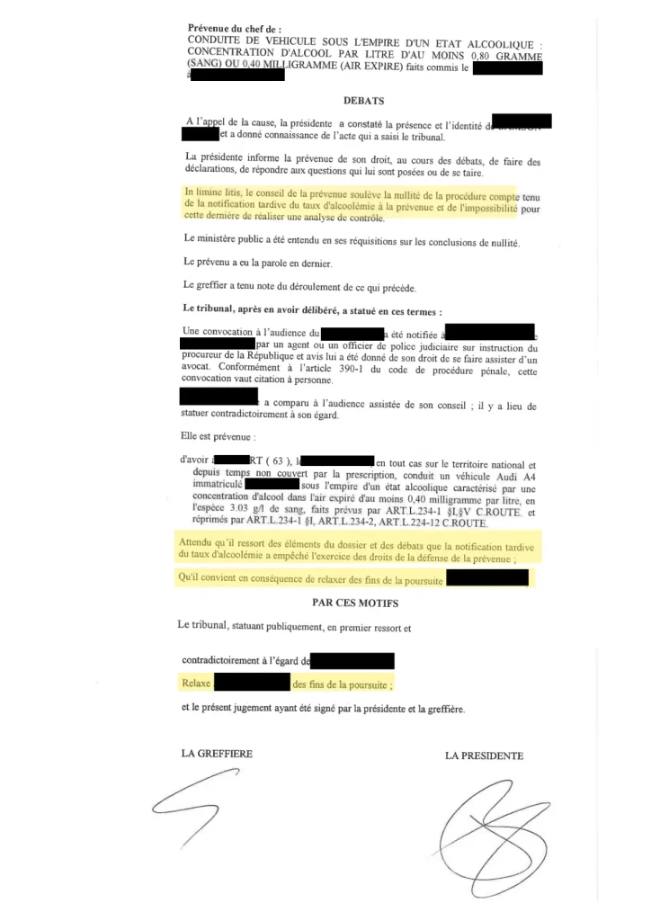Vice de procédure alcoolémie notification du taux. Relaxe obtenue par le Cabinet Kirmen & Lefebvre